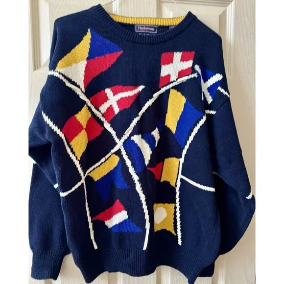 Hathaway Hand Intarsia Sweater Mens L Navy Golf Flags Vintage Cotton Grandpa 46” - Picture 1 of 7